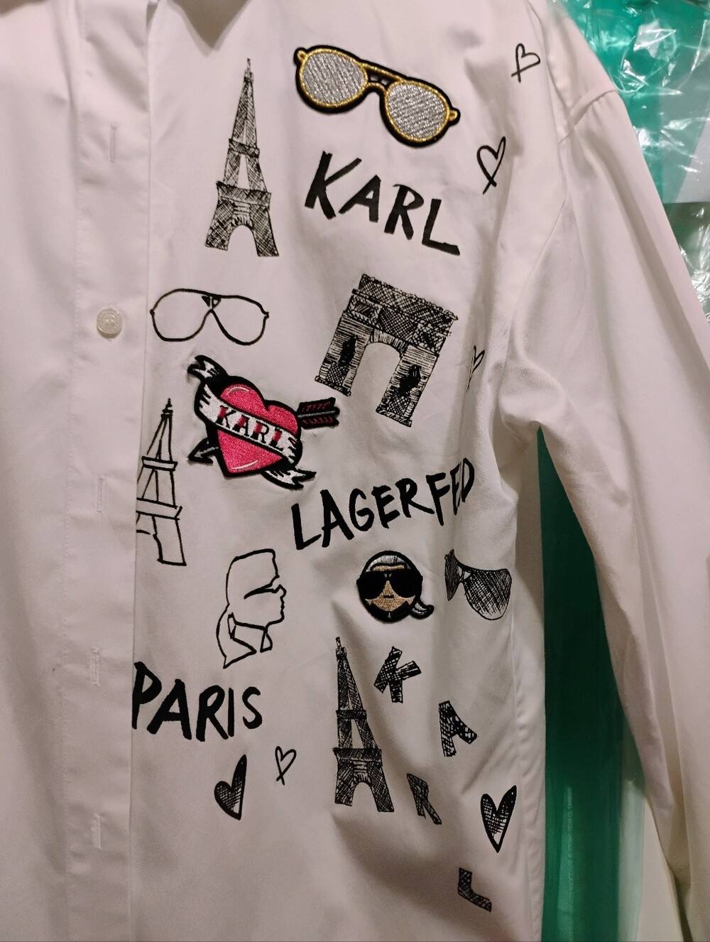 Brand New Karl Lagerfeld White Button Down Shirt With Patches And Designs